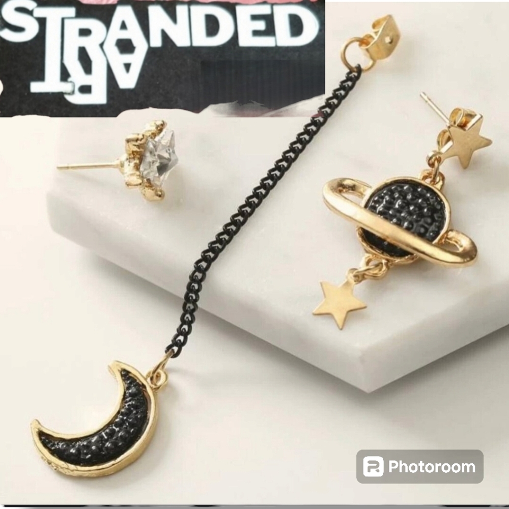 NEW Unique Cosmic Asymmetrical Earrings Black Crescent Pave Sterling Silver Post